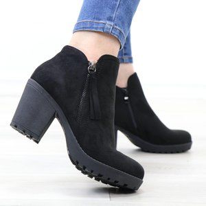 Black Suede Lug Chunky Heel Ankle Boots